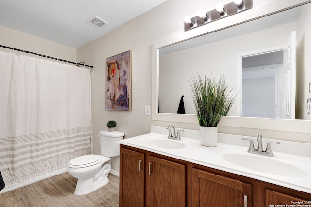 bathroom featuring vanity, wood-type flooring, and toilet