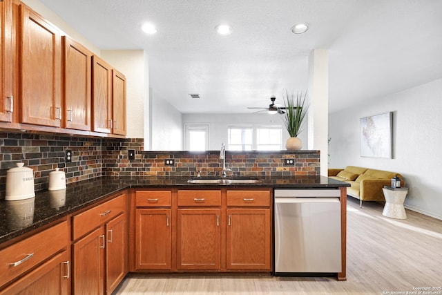 kitchen featuring tasteful backsplash, sink, stainless steel dishwasher, and kitchen peninsula