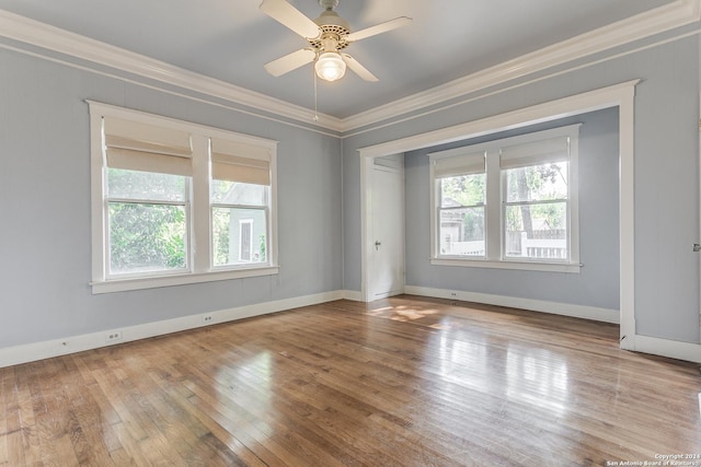 unfurnished room featuring crown molding, ceiling fan, and light hardwood / wood-style flooring