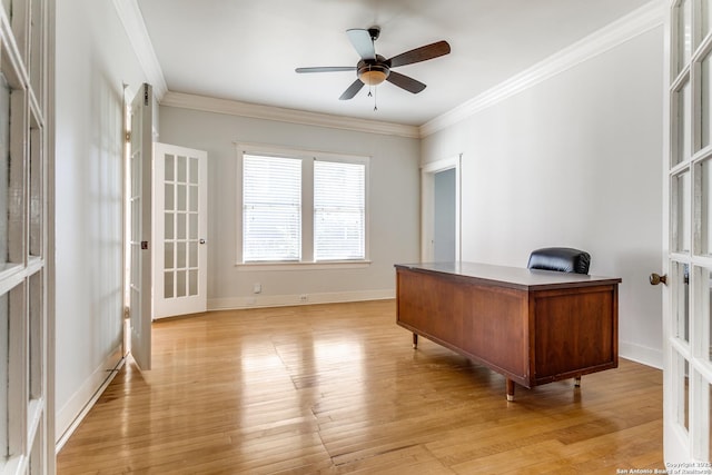 office space featuring french doors, ceiling fan, ornamental molding, and light hardwood / wood-style floors