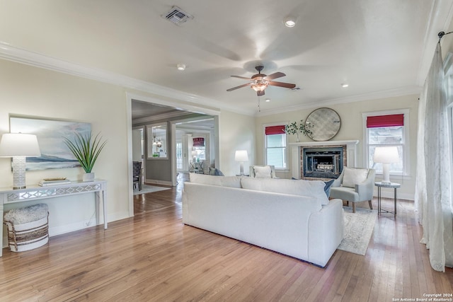 living room with crown molding, light hardwood / wood-style flooring, and a healthy amount of sunlight