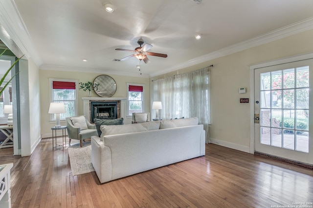 living room featuring ceiling fan, ornamental molding, and light hardwood / wood-style flooring