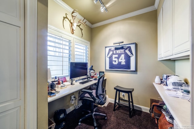 home office with crown molding and track lighting