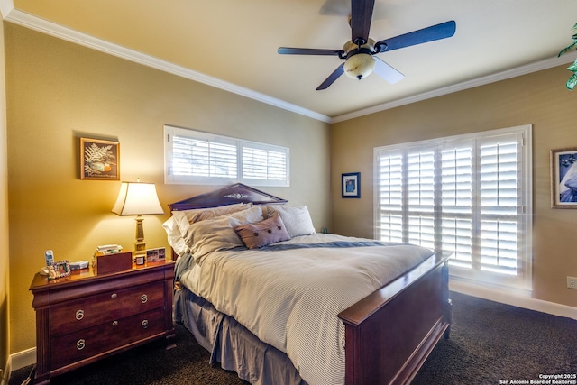 carpeted bedroom with crown molding and ceiling fan