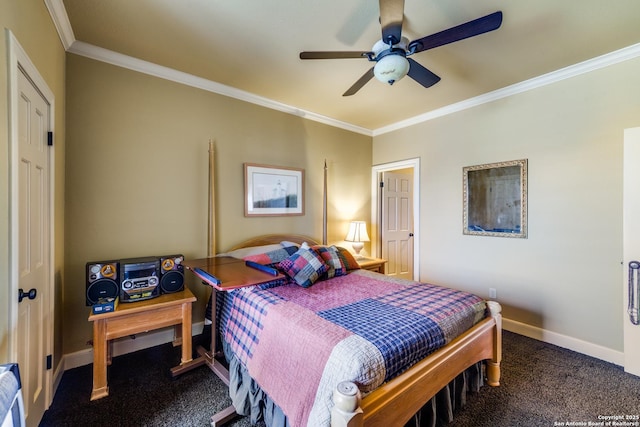 carpeted bedroom with ceiling fan and ornamental molding