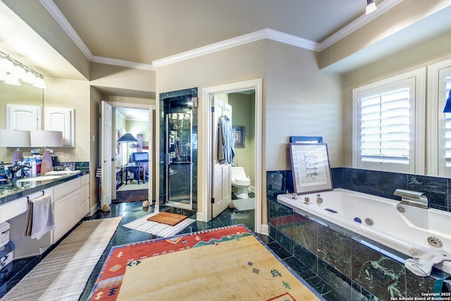 bathroom with ornamental molding, toilet, tiled bath, and vanity