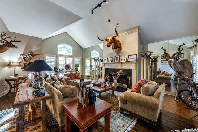 living room featuring dark wood-type flooring, a fireplace, vaulted ceiling, and rail lighting