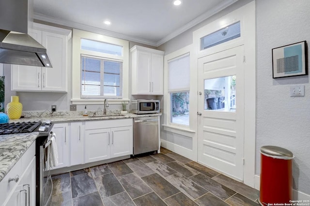 kitchen with white cabinets, stainless steel appliances, sink, and exhaust hood