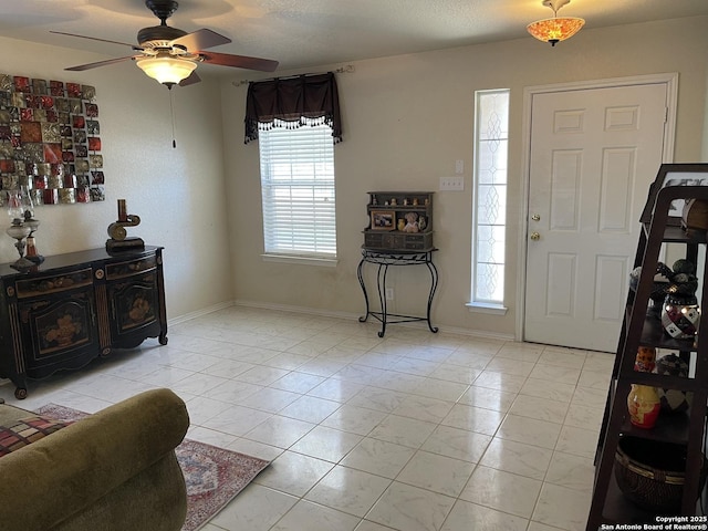 foyer with a healthy amount of sunlight, a wood stove, and ceiling fan