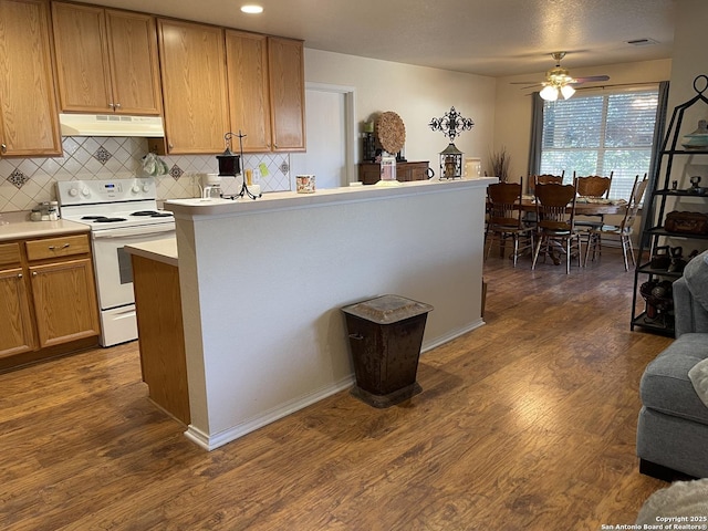 kitchen with electric stove, decorative backsplash, dark hardwood / wood-style floors, and ceiling fan