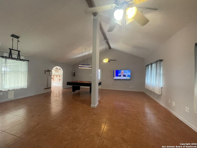 rec room with ceiling fan, pool table, tile patterned flooring, and vaulted ceiling with beams