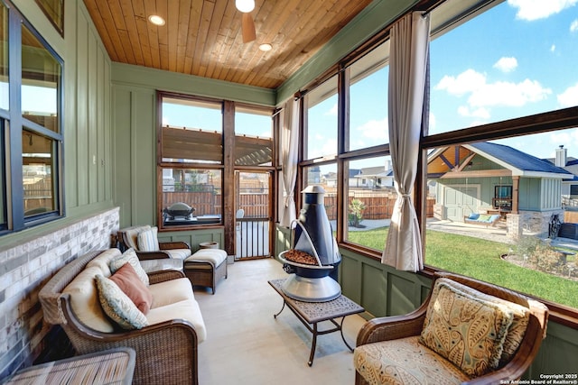 sunroom featuring plenty of natural light and wooden ceiling