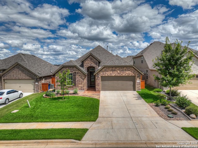 view of front of house with a garage and a front lawn