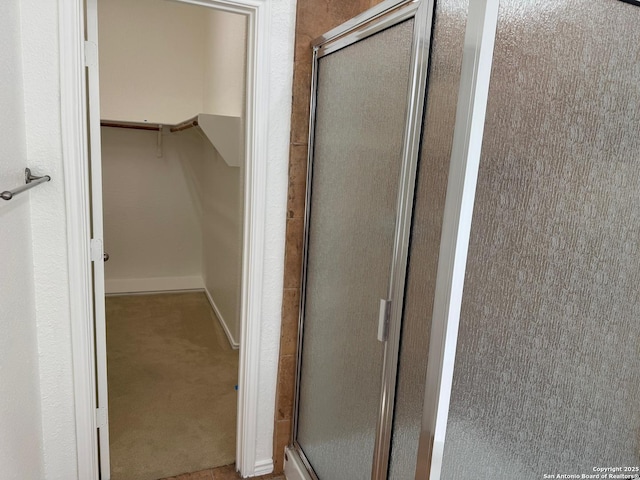 bathroom featuring a shower with shower door