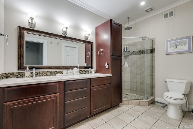 bathroom with ornamental molding, toilet, an enclosed shower, and decorative backsplash