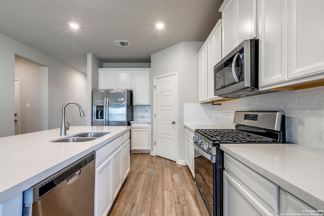 kitchen with appliances with stainless steel finishes, sink, white cabinets, decorative backsplash, and light wood-type flooring