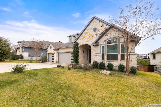 view of front of home with a garage and a front lawn