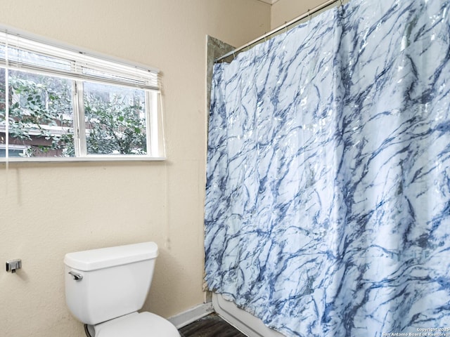 bathroom featuring a shower with curtain, toilet, and hardwood / wood-style floors