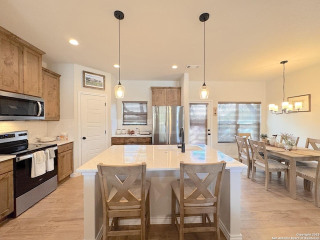 kitchen featuring appliances with stainless steel finishes, an island with sink, decorative backsplash, and light hardwood / wood-style flooring