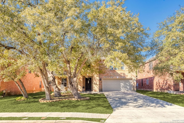 view of front of property with a garage and a front lawn