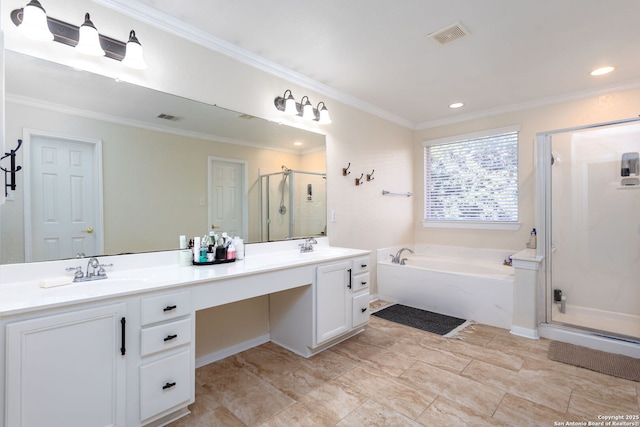 bathroom featuring ornamental molding, vanity, and plus walk in shower