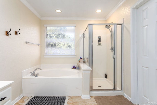 bathroom featuring ornamental molding and plus walk in shower