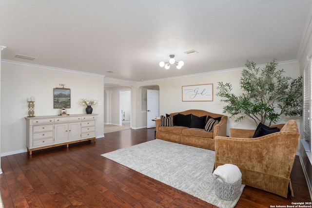 living room featuring crown molding and dark wood-type flooring