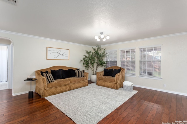 living room featuring crown molding and dark wood-type flooring