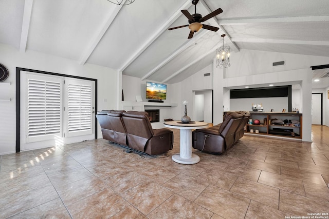 living room with beam ceiling, ceiling fan with notable chandelier, and high vaulted ceiling