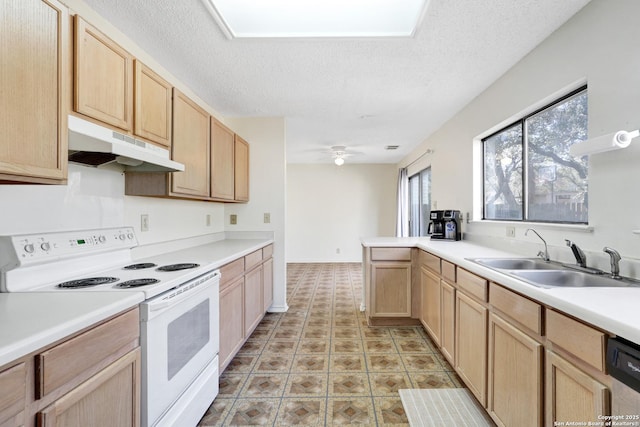 kitchen with sink, white electric range oven, a textured ceiling, light brown cabinetry, and stainless steel dishwasher