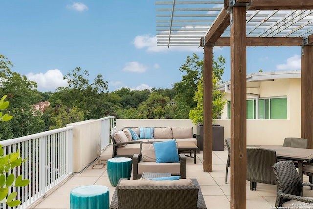 exterior space with an outdoor hangout area and a pergola