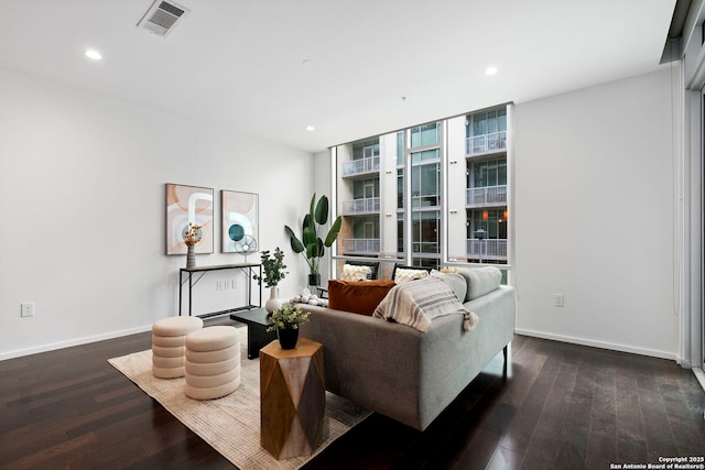 living room with dark hardwood / wood-style flooring and expansive windows