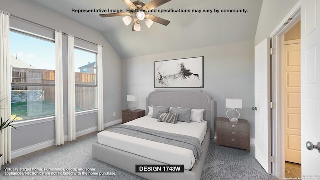 bedroom featuring multiple windows, lofted ceiling, carpet, and ceiling fan