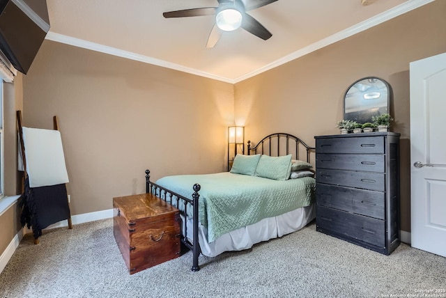 carpeted bedroom with crown molding and ceiling fan