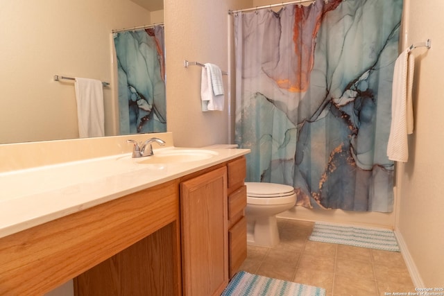 bathroom featuring tile patterned floors, vanity, toilet, and a shower with shower curtain