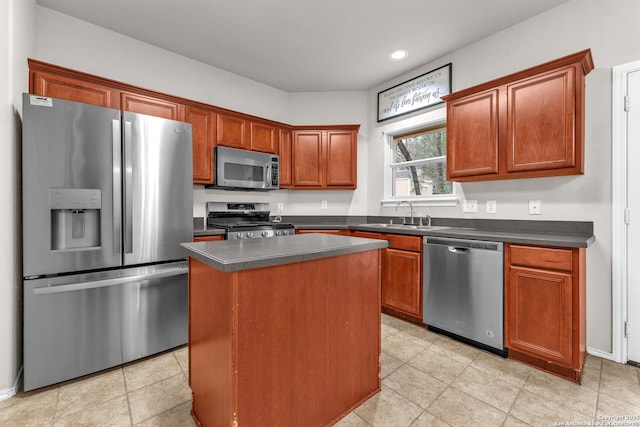 kitchen with stainless steel appliances, a center island, and sink