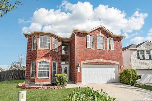 view of front of home featuring a garage, brick siding, fence, concrete driveway, and a front yard