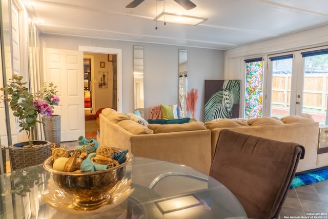 living room with french doors and ceiling fan