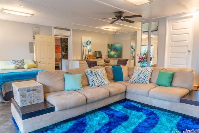 living room featuring a wall mounted AC and ceiling fan