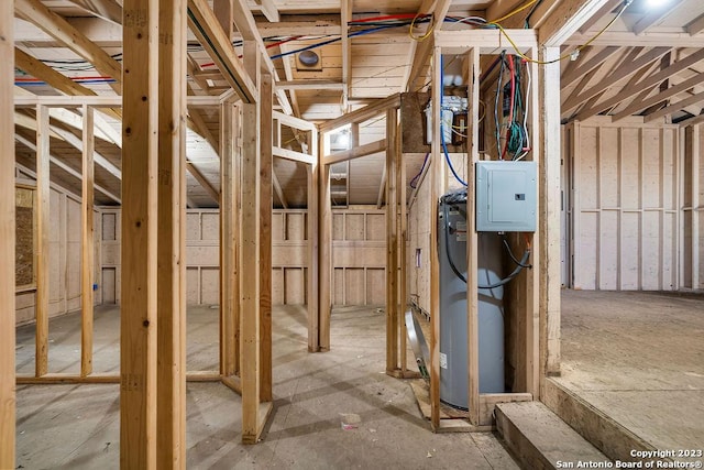 miscellaneous room with electric panel and water heater