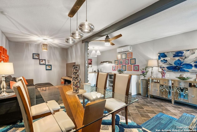 dining room featuring a wall mounted air conditioner, beam ceiling, and ceiling fan