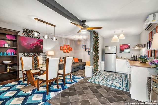 dining room featuring an AC wall unit and ceiling fan