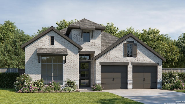 view of front of property featuring a garage and a front lawn