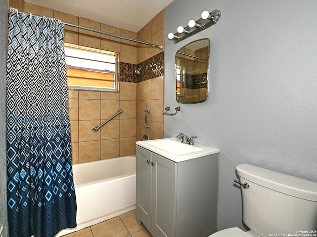 full bathroom with vanity, shower / bathtub combination with curtain, tile patterned floors, and toilet