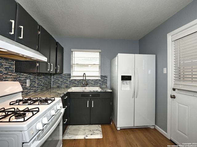 kitchen featuring ventilation hood, sink, light wood-type flooring, backsplash, and white appliances