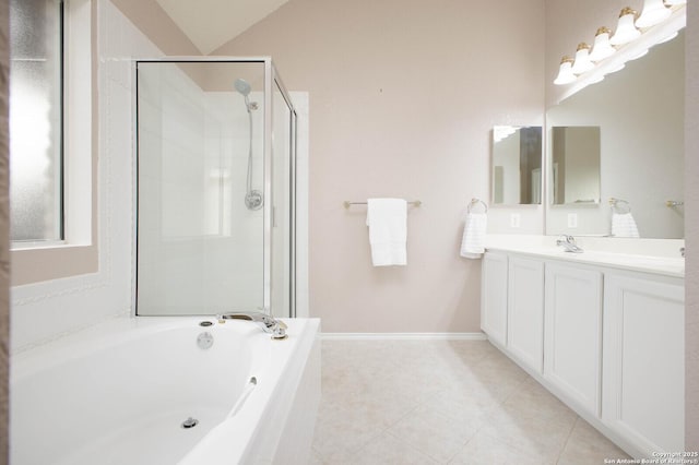 bathroom with lofted ceiling, vanity, separate shower and tub, and tile patterned flooring