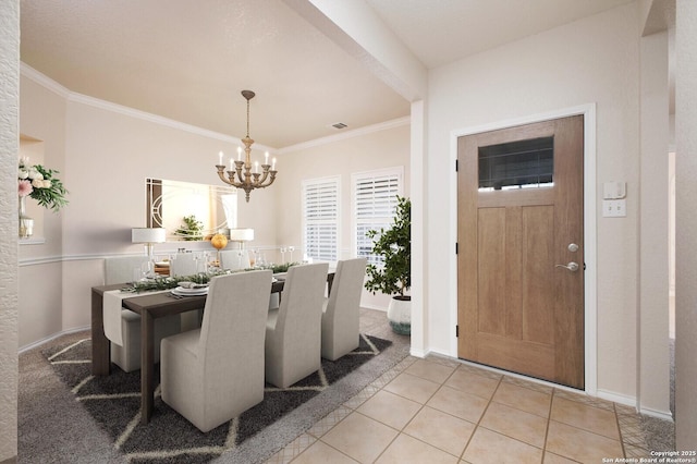 dining space featuring ornamental molding, a chandelier, and light tile patterned flooring