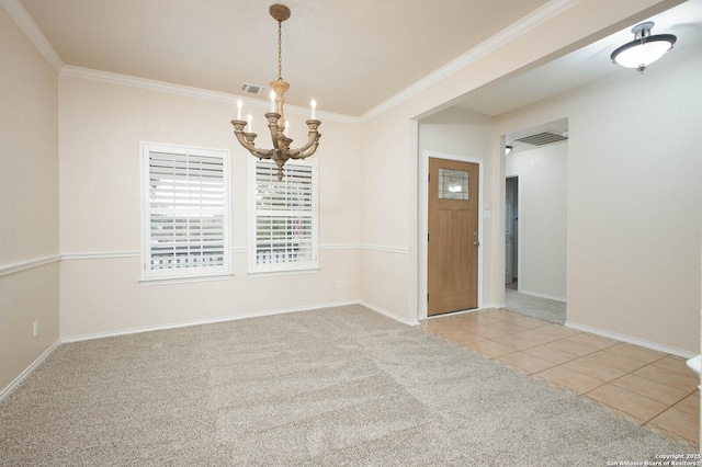 empty room with crown molding, a notable chandelier, and light tile patterned floors