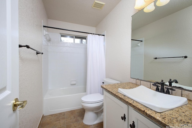 full bathroom featuring vanity, shower / bathtub combination with curtain, and toilet