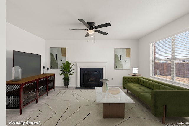 living room featuring ceiling fan